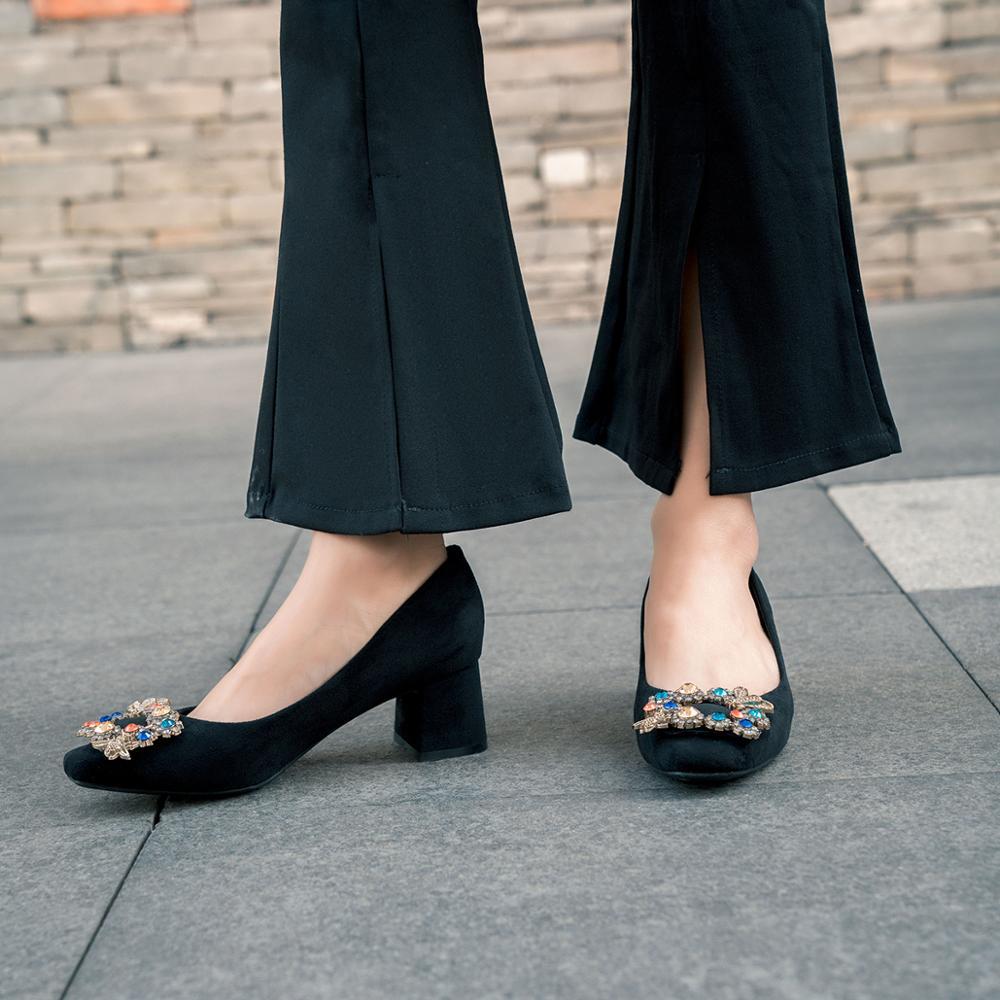 

2020 Size Large 31-43 Woman High Soft Suede Strass Buckle Mid Block Heels Shoes 5cm Foot Finger Good Quality U88y, Nude