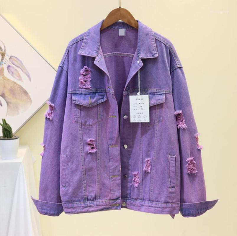 

Spring Autumn Gradual Color Ripped Jeans Jacket Female Korean Loose Hole Jackets Students Fashion Jeans Coat Outwears1, Lavender