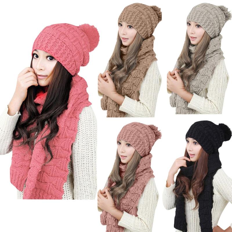 

Sweet and lovely, warm and comfortable Women Casual Solid Outdoor Plush Ball Hats Crochet Knit Scarf Beanie Cap Suit