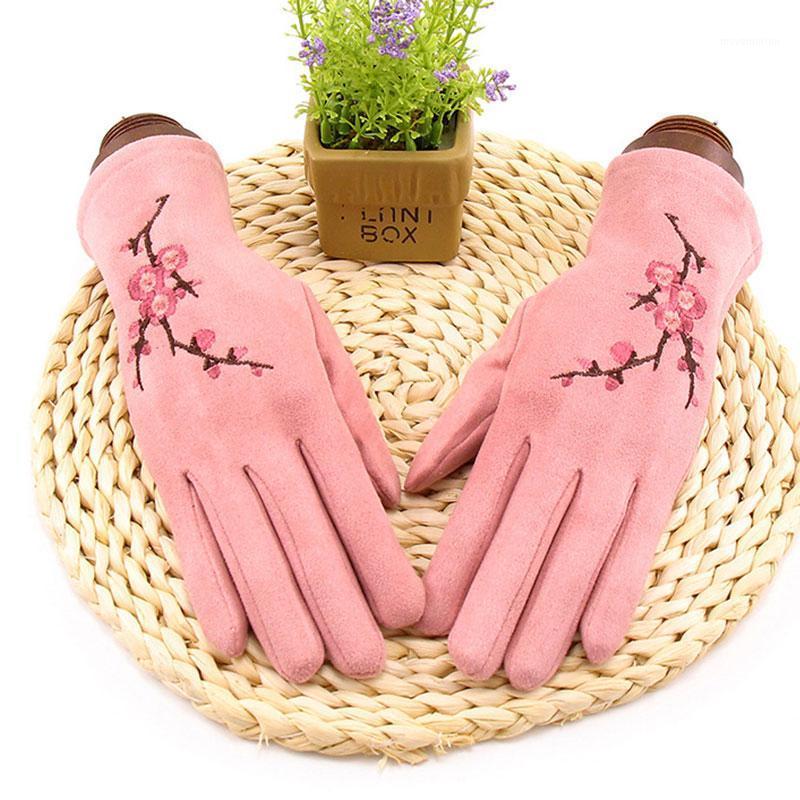 

Suede Leather Gloves Warm Cashmere Plus Velvet Touch Screen Driving Gloves Full Finger Plum Blossom Embroidery Mittens 1 Pairs1