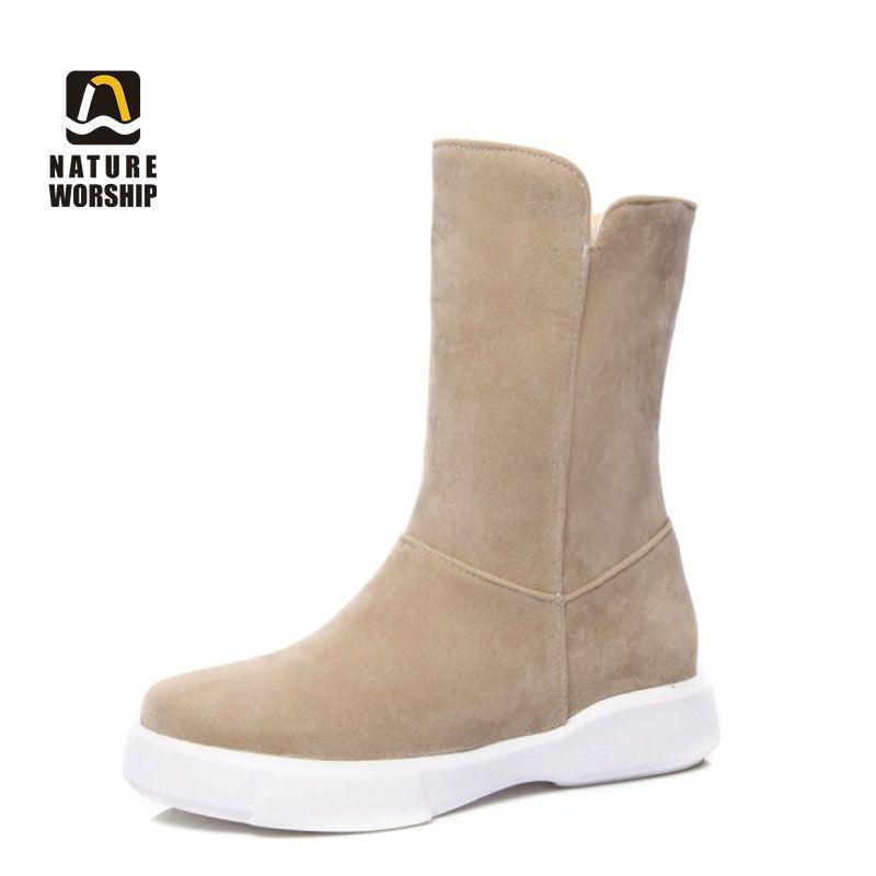 

Winter Women Mid-calf Boots Flock Nubuck Solid Fashion Keep Warm Plush Insole Round Toe Slip-on Low Heel Platform Casual Fashion1, Black