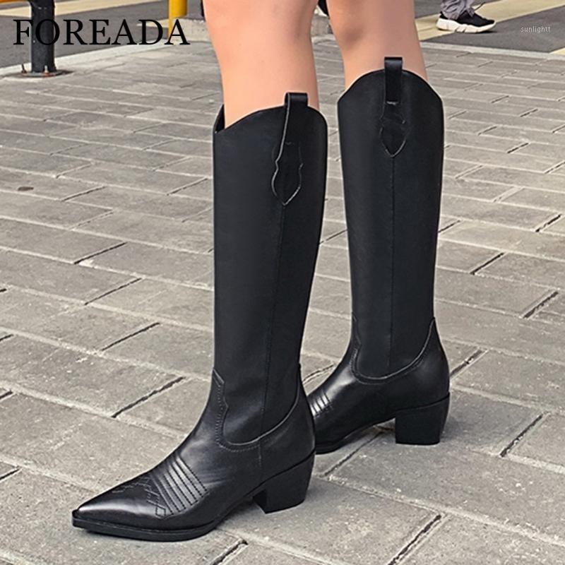 

FOREADA Real Leather Knee High Boots Woman High Heel Western Boots Zip Thick Heel Shoes Pointed Toe Long Ladies White 401
