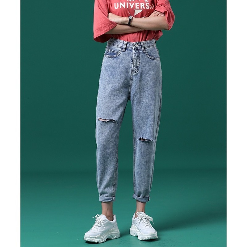 

2021 New Spring and summer women' fashions all round harlem pants down knee holes high waist fine white washed 9-dot jeans 5ZST, Light blue