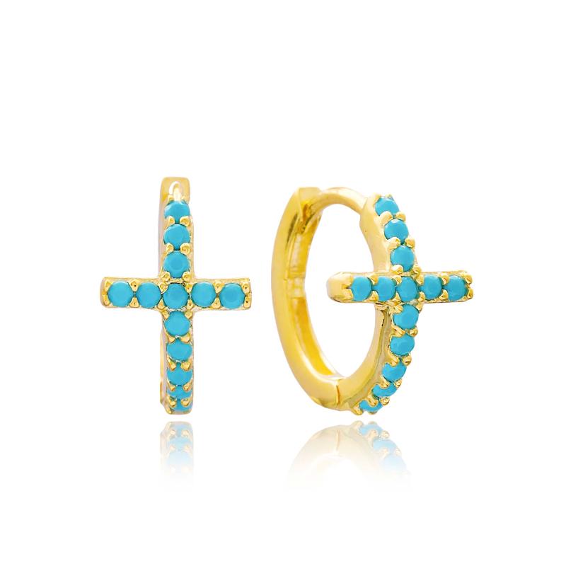 

Hot Sale 925 Sterling Silver Hoop Earrings Cross Design Turquoise Stone Turkish Handmade SPENTA