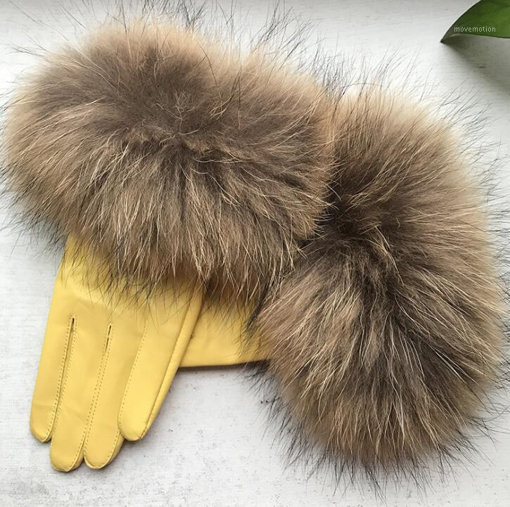 

Women's natural big raccoon fur genuine leather glove lady's warm natural sheepskin leather plus size yellow driving glove R24481