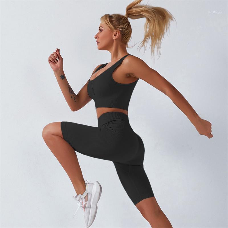 

5 Colors 2 Piece Set Women Yoga Sets Ribbed Seamless Sports Set Gym Clothing Women Workout Clothes Fitness Biker Leggings A005BS1, Shorts light green