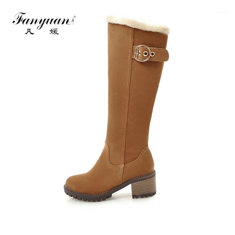 

Fanyuan Thick Fur Inside Women Boots Winter Keep Warm Knee High Boots Zipper Female Square Heels Shoes Woman Plush 34-431, Black