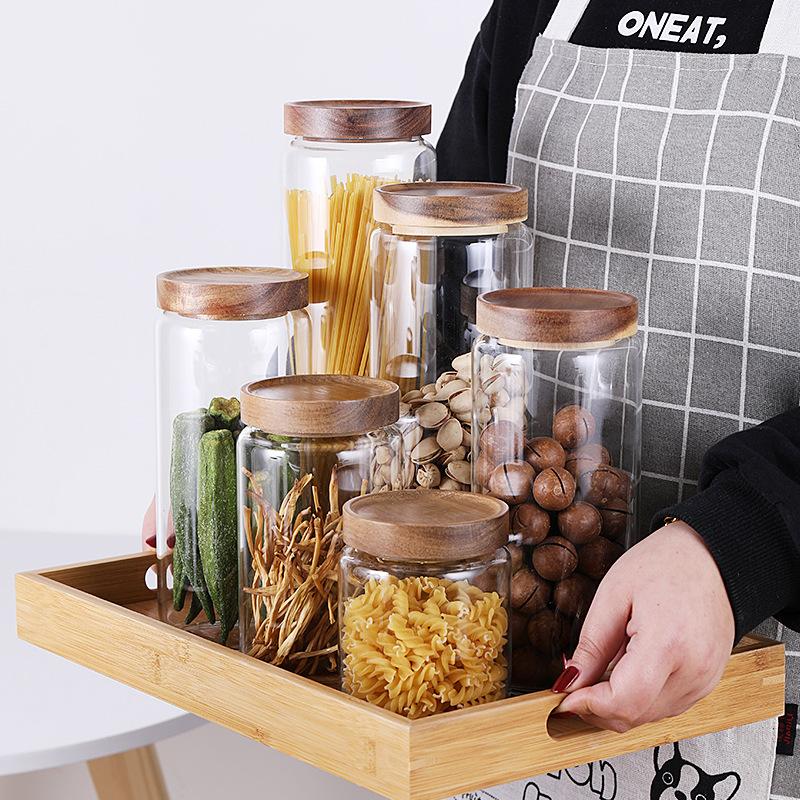 

Wood Lid Kitchen Glass Storage Jar Airtight Storage Bottles Coffee Beans Nuts Organizer Container Tank Candy Cookie Jar