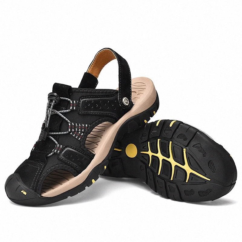 

100% Genuine Leather Shoes Men Sandals 2019 Summer Beach Sandals Cow Leather Casual Male Shoes Fashion Man A1140 #Uy4e, Black