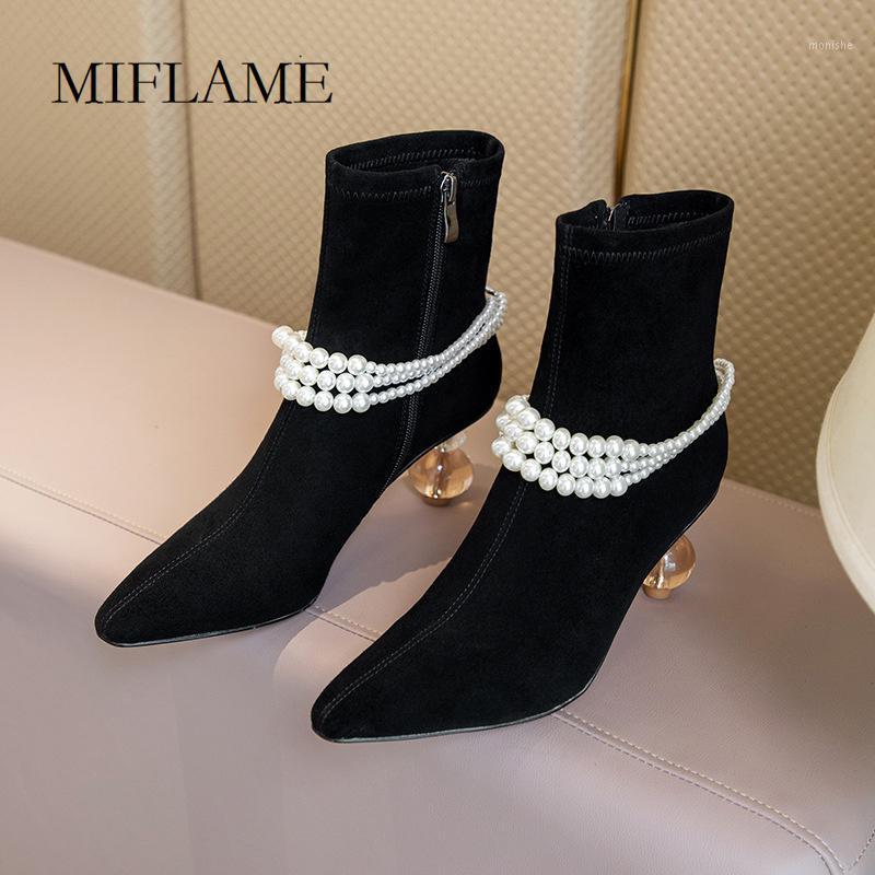 

Genuine Leather Concise Ankle Boots Women Crystal Pearl Heeles Luxurious Boots Antumn Beaded Decoration Pointed Toe Party Shoes1, Black patent leather