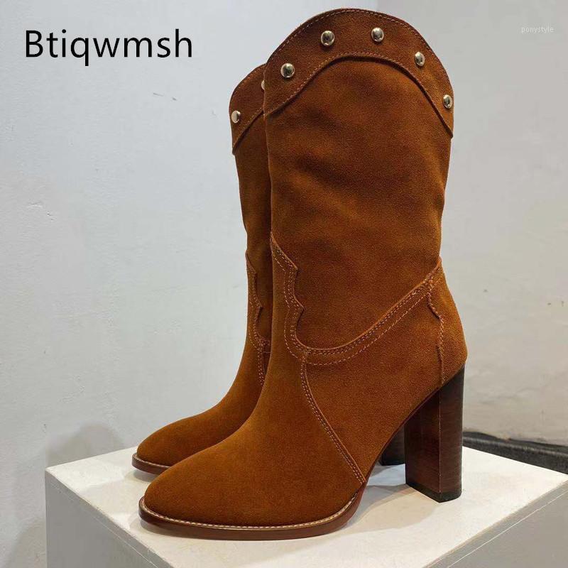 

2020 Brown Suede Ankle Boots Women Pointed Toe Rivet Studded High Heel Botas De Mujer Fashion Western Cowboy Boots1