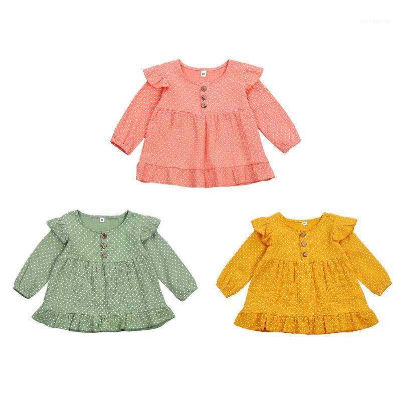 

Emmababy 2021 Autumn 0-5Y Kids Toddler Baby Girl Polka Dot Ruffled Long Sleeve Buttons Dress Children Outfit Yellow/Pink/ Green1