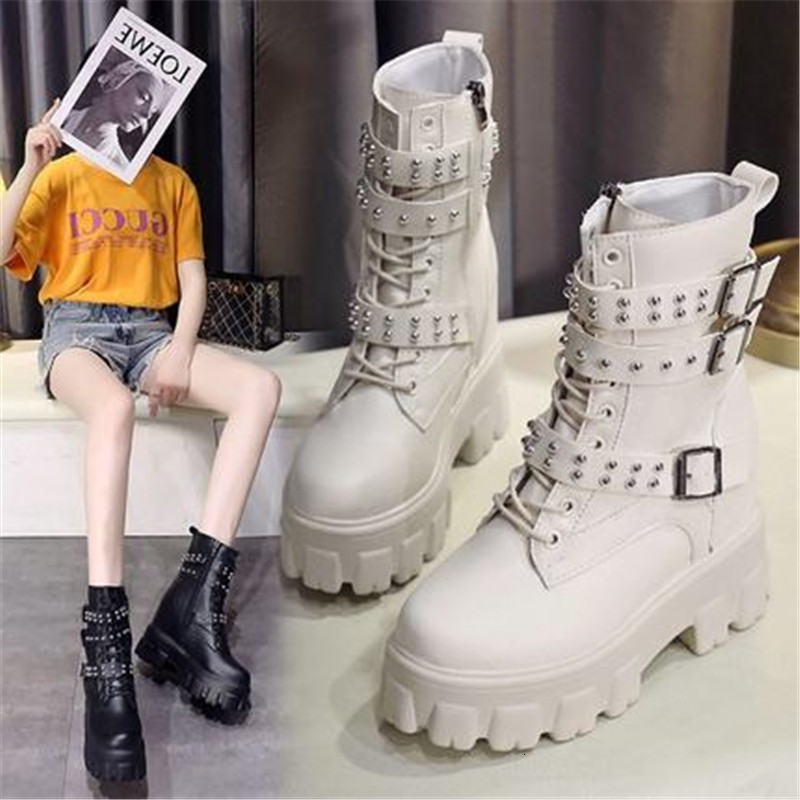 

autumn 2021 New Chunky Women's Punk Metal Buckle Super High Heels Woman Boots Hidden Shoe Impressions K0KT, Beige