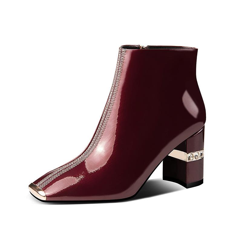 

Patent leather high-heeled short boots women's thick heel spring and autumn single boots square toe size ankle, Wine red velvet