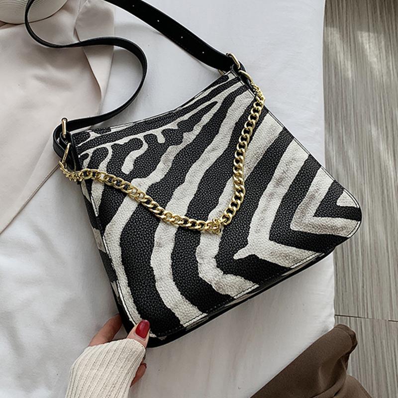 

Fashion Zebra Pattern PU Leather Chain Hand Strap Shoulder Bags For Women Top-Handle Bag Luxury Designer Large Capacity Tote Bag