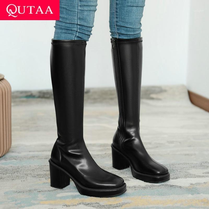 

QUTAA 2021 Platform Square Toe Zipper Knee High Boots Autumn Winter Square High Heel Stretch PU Women Long Boots Big Size 34-431, Beige