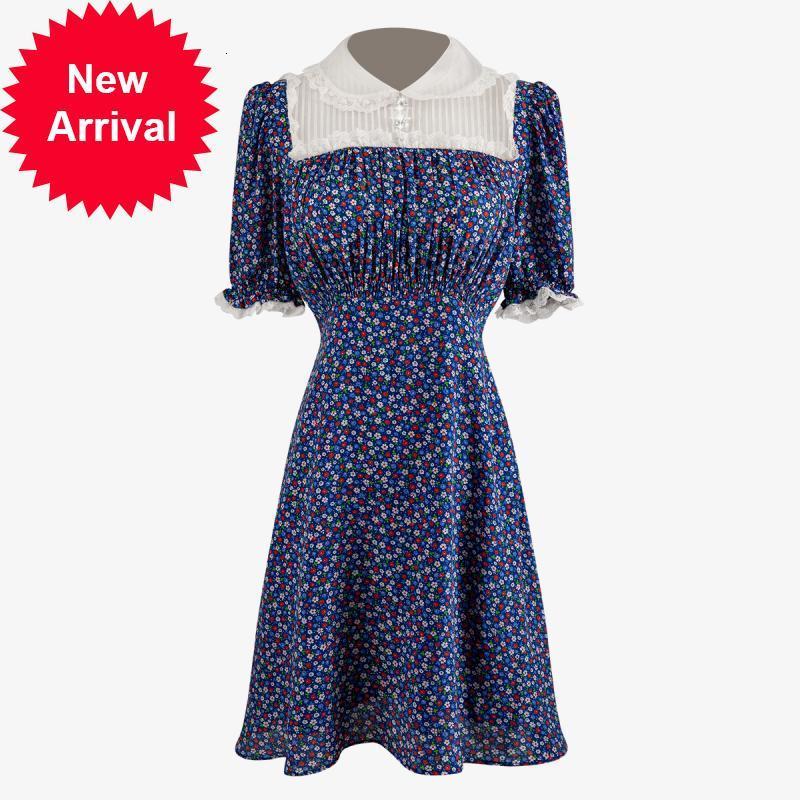

New Boho 2021 Fashionable Women' Floral Dress New Lace Turtleneck High Waist Short Sleeve the Midi Line Dressed As Party Clothes WWGM, Blue