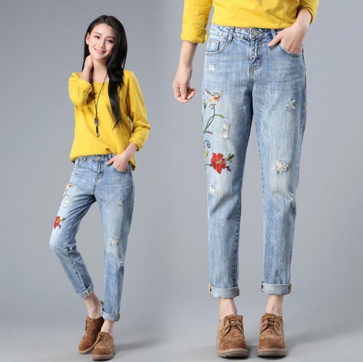 

2021 Jeans Denim Female Plus Size High Waist Boyfriend Fashion Loose Embroidered Torn Lady Pants Xudf, Blue