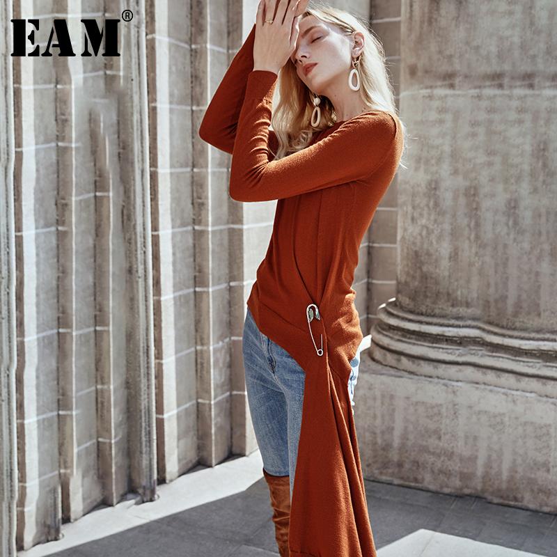 

EAM] Asymmetrical Pin Knitting Sweater Loose Fit Round Neck Long Sleeve Women Pullovers New Fashion Spring Autumn 2020 1M404, Caramel color