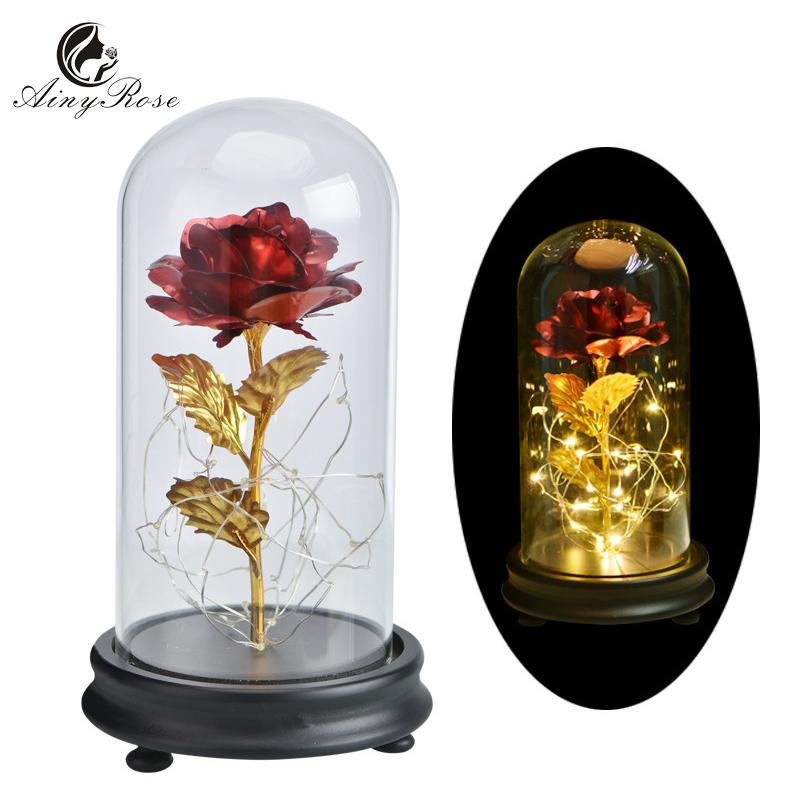 

AINYROSE 24K Gold Foil Rose Flower With LED Light Artificial Flowers In High Quality Glass Dome Weeding Decorations Gift, Gold foil rose light