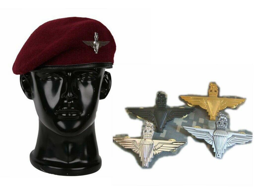 

UK ARMY BRITISH AIRBORNE PARATROOPER FORCES RED WOOL ROYAL Maroon Beret HAT CAP, Badge silver