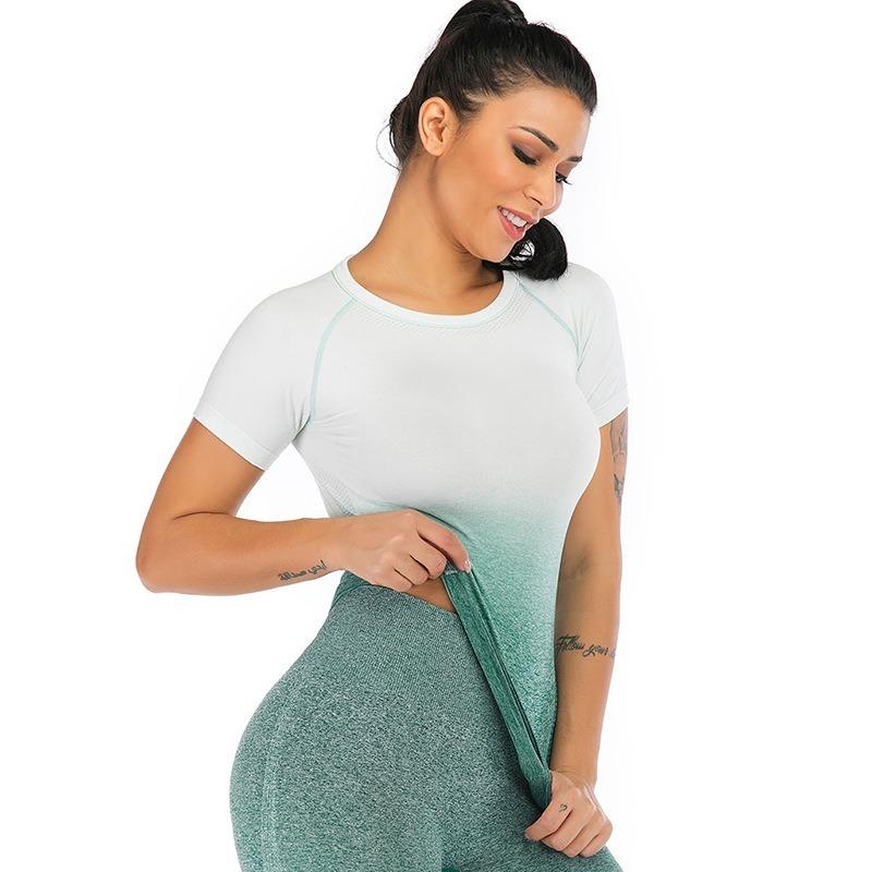 

Seamless Gradient Top Yoga Clothes Women Gym Sports Tight Short-sleeved T-shirt Corset Anti-sweat Athletic Push Up Stretchy, Black