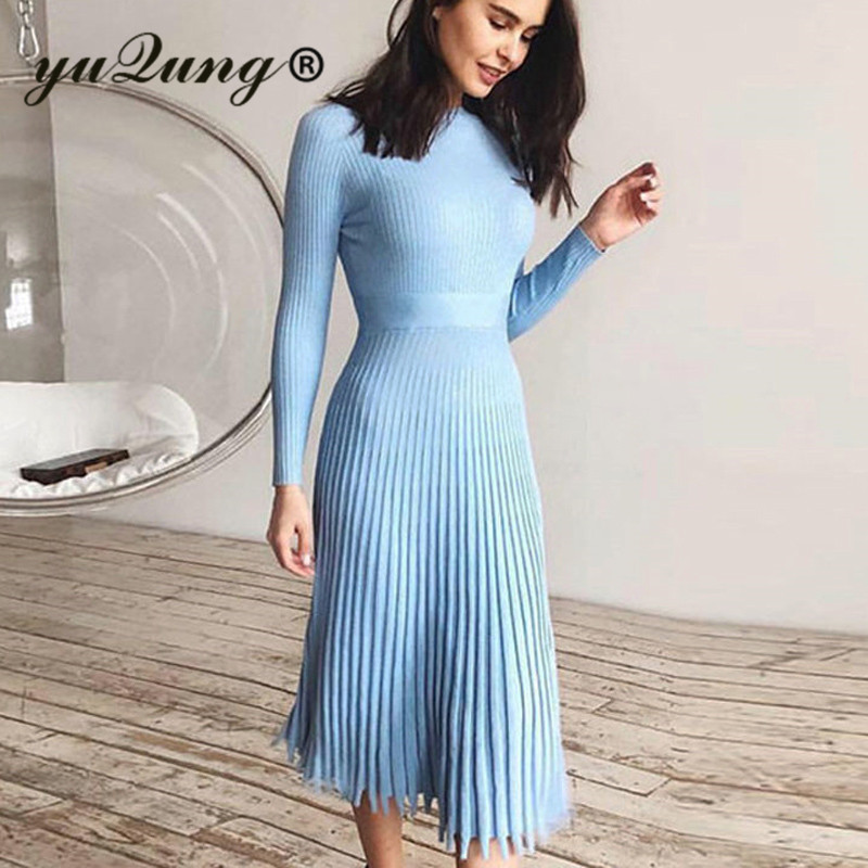 Yuqung Women Slim A Line Pleated Long Sweater Dress INS Autumn Winter Office Ladies Work Elegant Ribbed High Waist Maxi Knitwear 201126Z