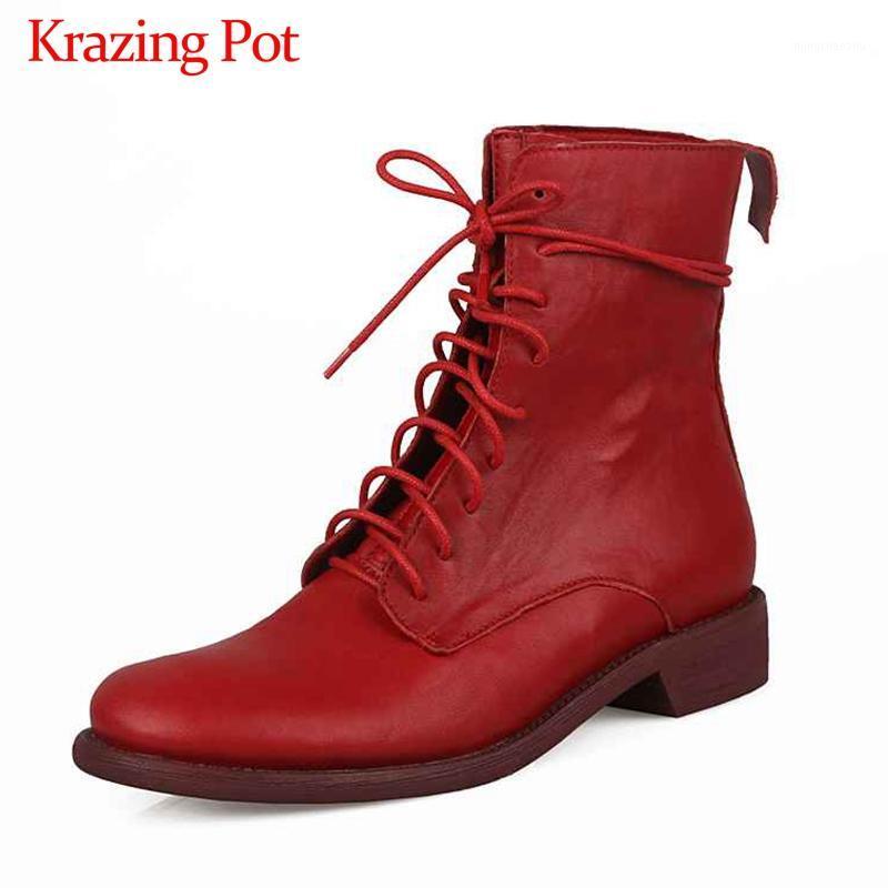 

Krazing Pot winter solid brand simple style genuine leather round toe med heels lace up fashion daily wear women ankle boots L171, Beige