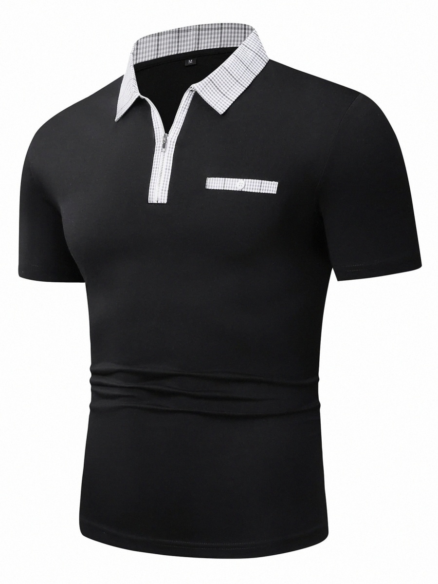 

Men Contrast Plaid Collar Quarter Zip Polo Shirt I1Jc#, Black