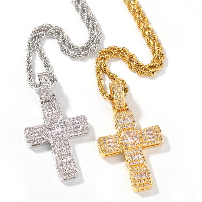 

Hip Hop Vintage Jewelry White&Gold Fill Cross Pendant Stainless steel Chain Full Princess Cut White Topaz CZ Diamond Women Men Necklace Gift