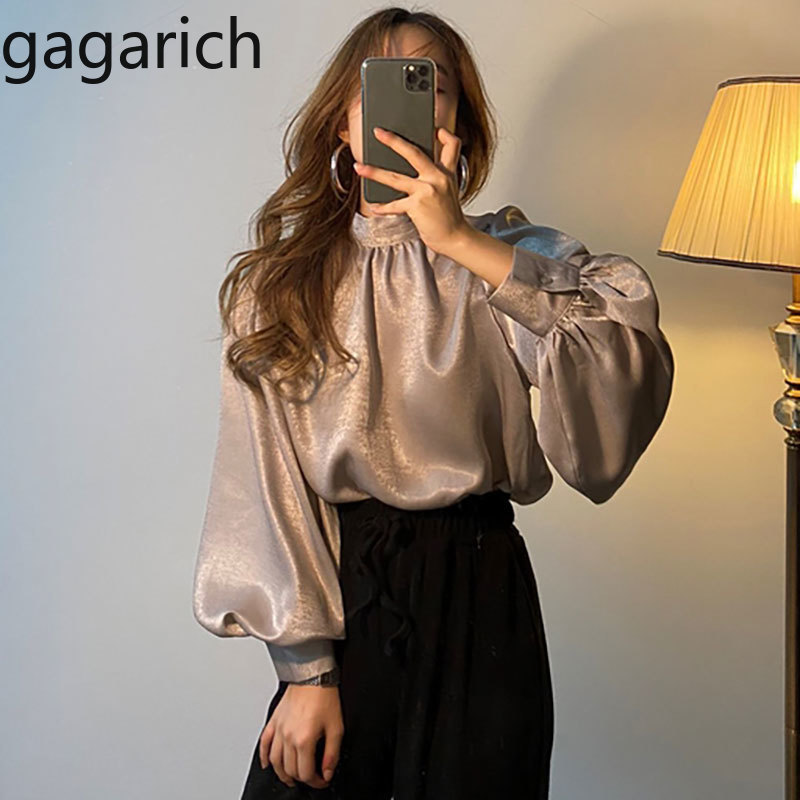 Gagarich Women Elegant Blouses Spring Autumn Female Stand Collar Long Lantern Sleeve Chic Tops Office Lady Vintage Solid Shirts 210225Z