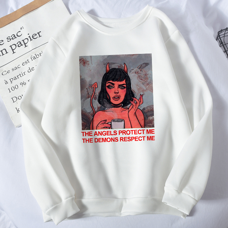 

Februaryfrost THE DEMONS RESPECT ME Printed Sweatshirt Harajuku Vintage BF Large Size Loose Fashion Women's Sweatshirt Fashion Designer