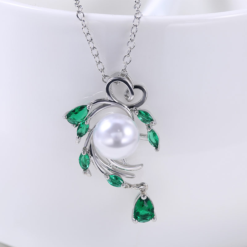 

Februaryfrost Brand Green Water Drop Stone with Imitation Pearl Noble Women Party Necklace High Quality Elegant Female Pendent Necklace Gift