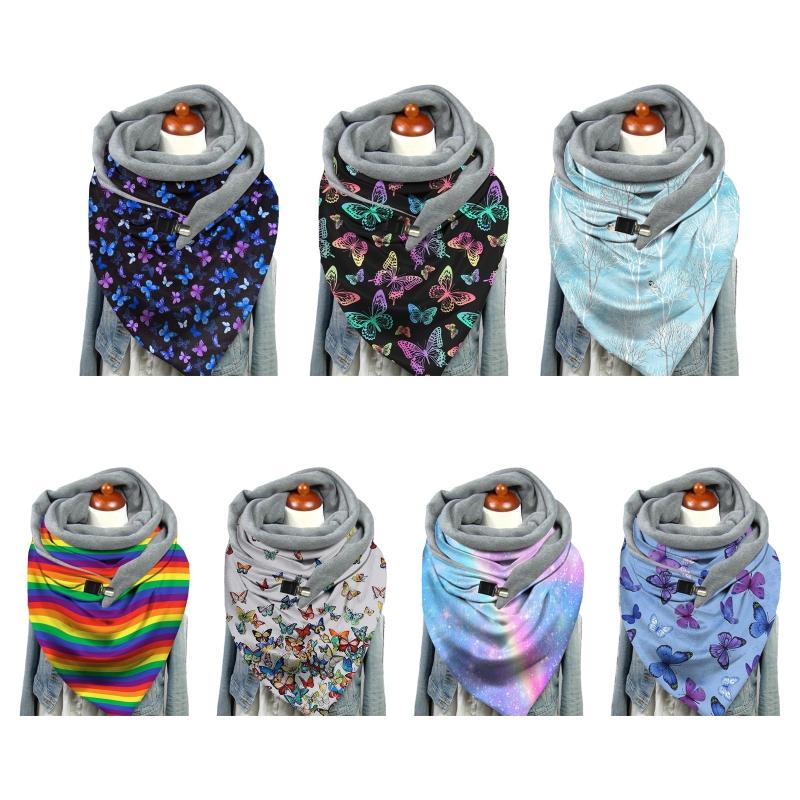 

Women Winter Thicken Warm Large Scarf Butterfly Rainbow Stripes Print Neck Warmer Snood with Clip Thermal Blanket Shawl