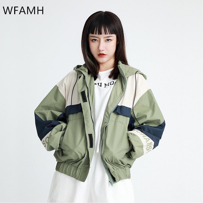 

2020 spring Autumn New Casual Students Contrast Color Mid-length Hooded Women Fashion plus size loose hip hop street trench coat, Beige