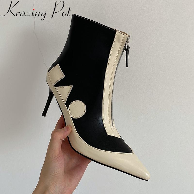 

Krazing Pot cow leather patch work high heels dress boots pointed toe winter shoes zipper comfortable nightclub ankle boots L25, Black