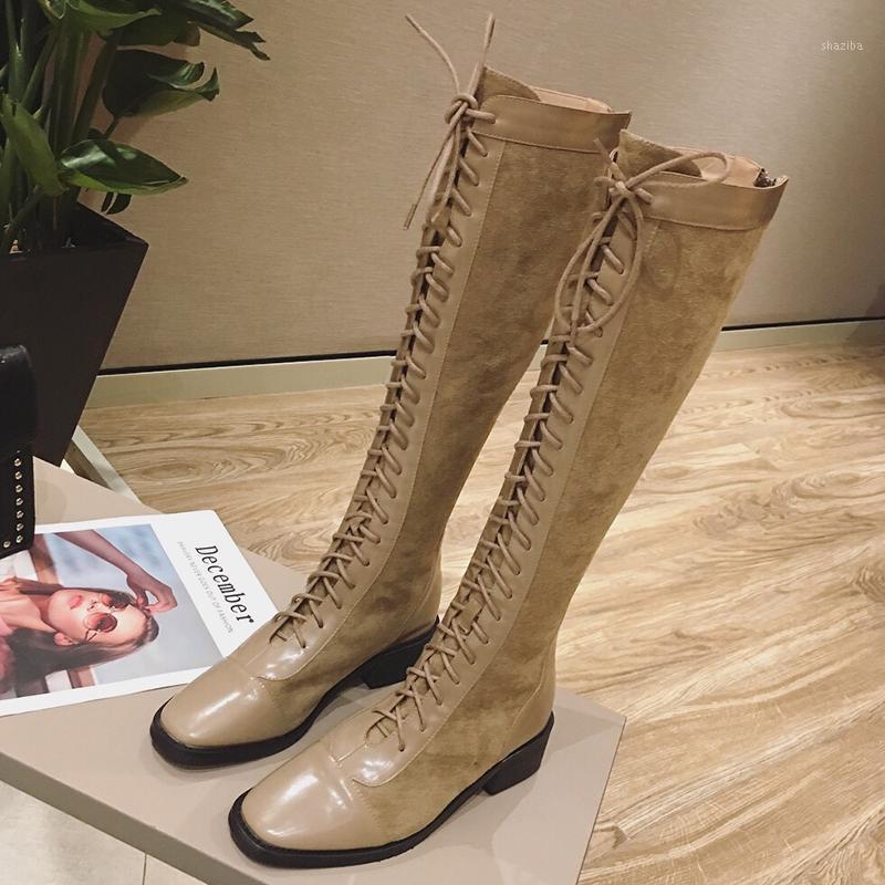 

2020 Khaki lace-up boots Women Rider high Chunky heels lace-up but knee winter boots women1, Camel single