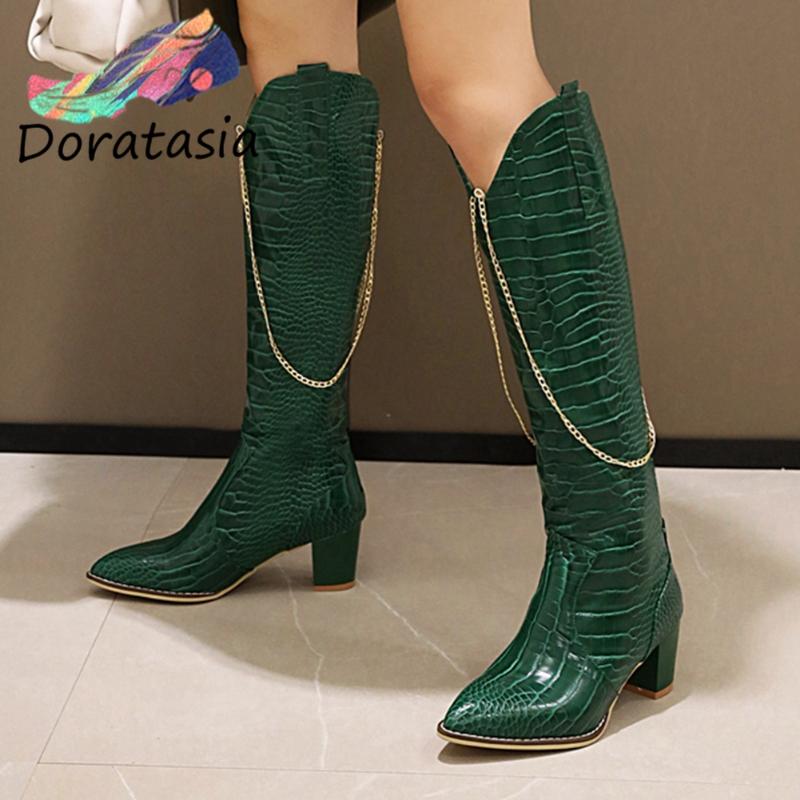 

DORATASIA New Arrivals Fashion Women Chain Zipper High Heels Shoes Casual Design Boots Women Pointed Toe Mid Calf Boots, Yellow