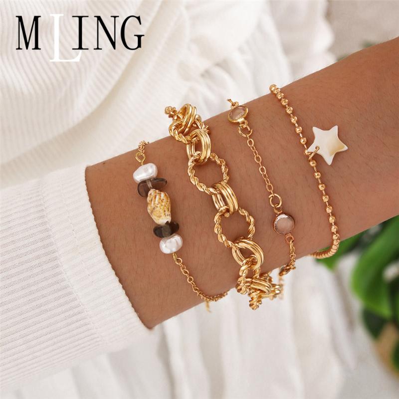 

MLING 4 Pcs/Set Vintage Gold Alloy Hollow Geometric Bracelet Set Bohemian Shell Star Pearl Bracelet for Women