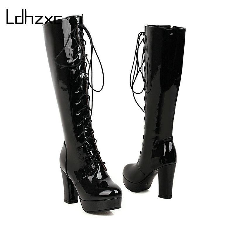 

Boots LDHZXC Patent Leather Platform Long Gothic Black White Fashion Square Heel Knee High Women With Zipper Good Quality, Beige