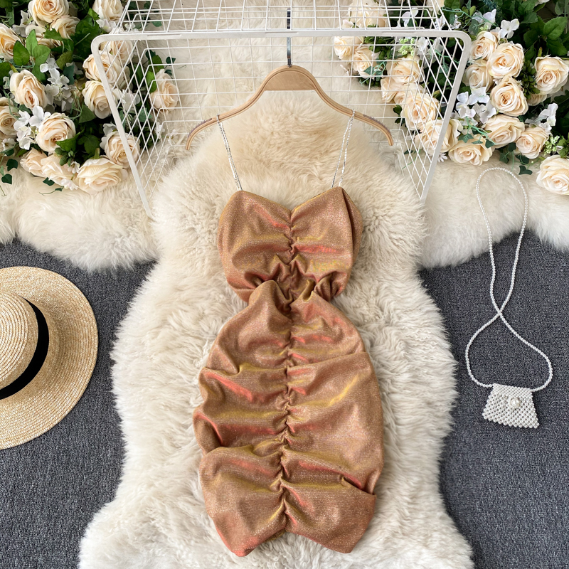 

2021 New Shiny singiny girdle sexy ladies'dresses backless ruched thin party dresses summer off the shoulder dressed short T8JK, Black