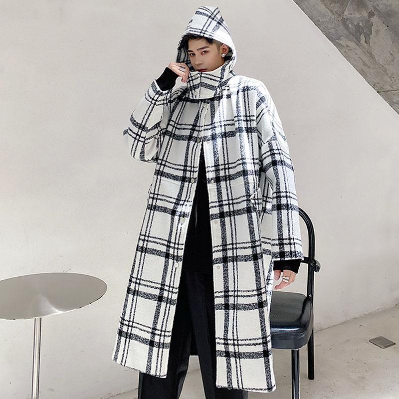 

Men Autumn Winter Loose Casual Long Woolen Hooded Trench Coat Outerwear Male Women Vintage Plaid Wool Jacket Cardigan Overcoat, 3805