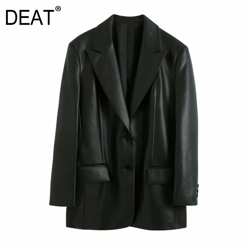 

DEAT New Autumn And Winter Notched Full Sleeves PU Leather Pocket Wide Big Size Female Loose Blazer Fashion WN91201L 201201, Black