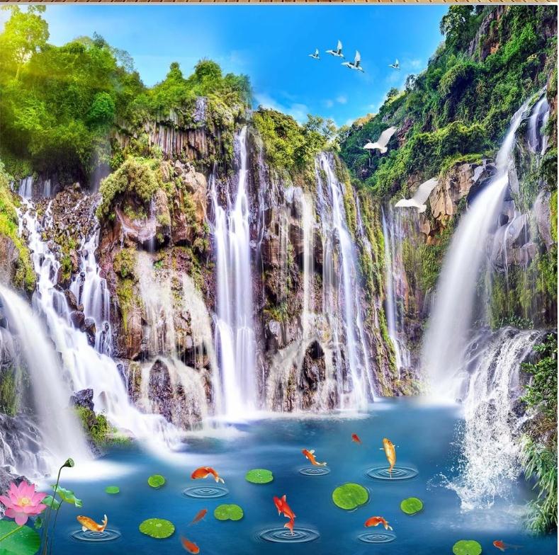 

3d customized wallpaper Landscape waterfall wooden bridge 3D landscape wallpapers background wall background painting, Green