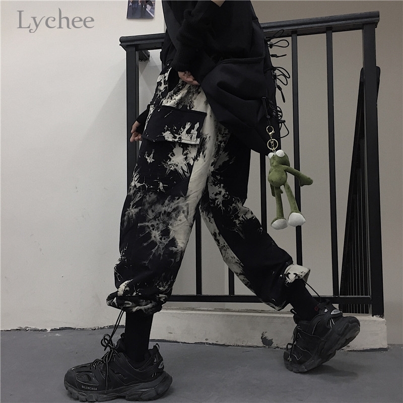 

Lychee Harajuku Tie Dyeing Women Bottoms Pants Elastic Waist Loose Female Jogger Pants Trousers Casual Autumn Lady Cargo Pants 201031, Black