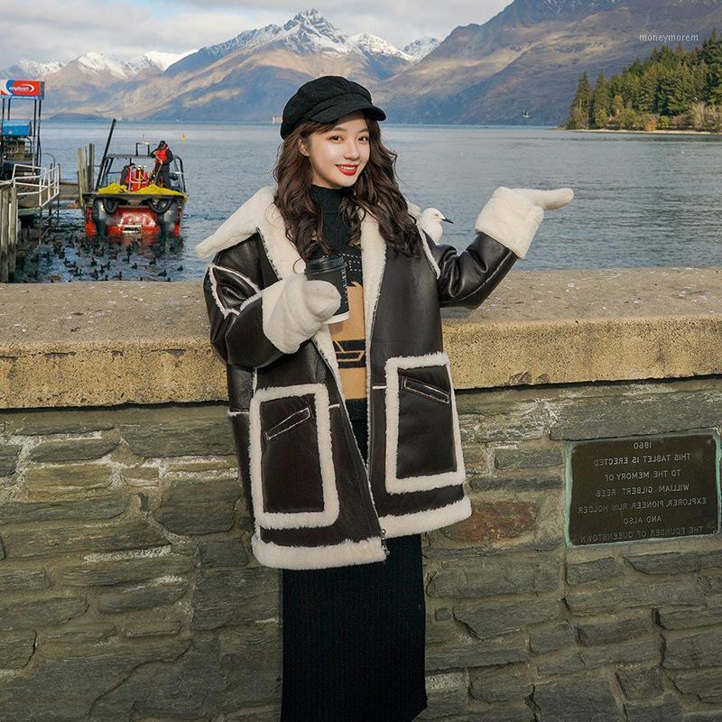 

Winter Casual Faux Leather Jackets Single Breasted Coat Women Turn-down Collar Motor Biker Jacket Splicing Wool lamb Y4491, Black