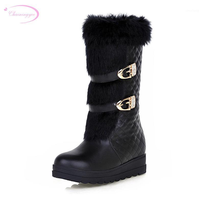 

Chainingyee street style warm winter knee high boots fashion platform metal belt buckle med with increasing women's snow boots1, Black