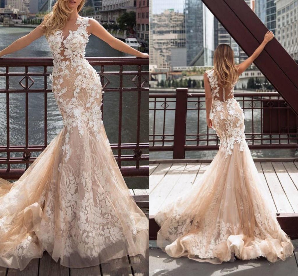 

2021 Newest Champagne Mermaid Wedding Dresses 3D Flowers Lace Appliqued Sheer Neck Bridal Gowns Illusion Back Vestidos De Novia AL7345, Ivory