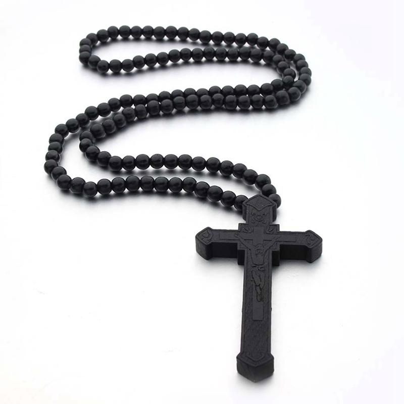 

Large Wood Catholic Jesus Cross With Wooden Bead Carved Rosary Pendant Long Collier Statement Necklace Men Jewelry Gift