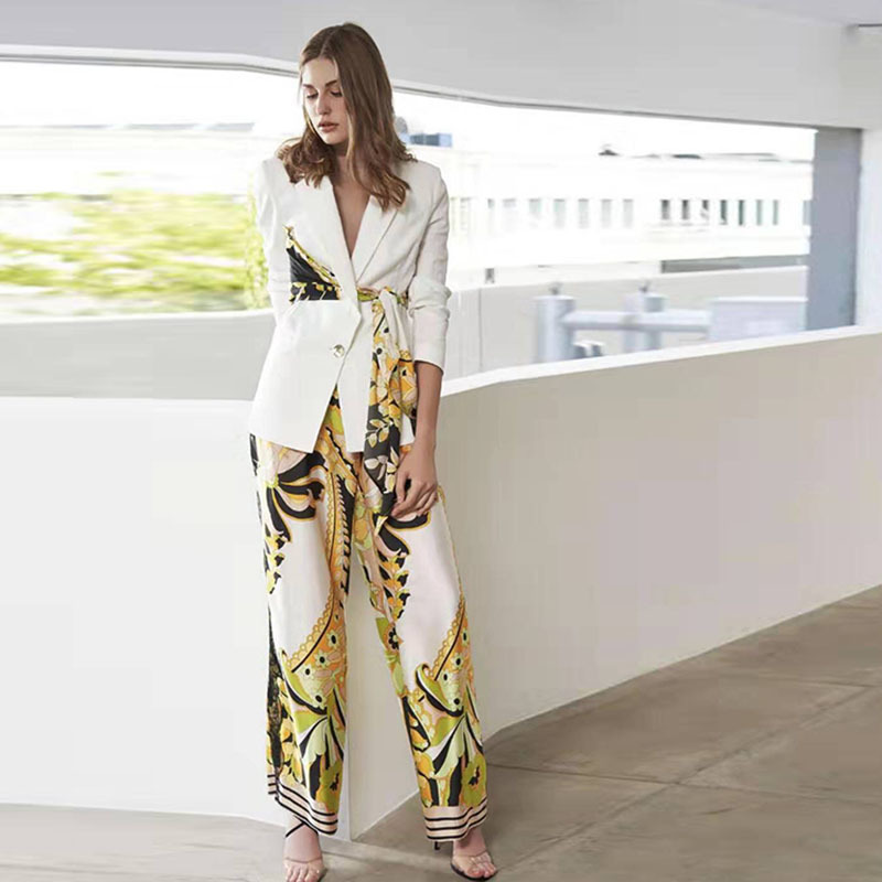 

HIGH QUALITY New 2020 Designer Runway Suit Set Women' Lacing Belt Blazer Floral Pants Suit T200702, Gray